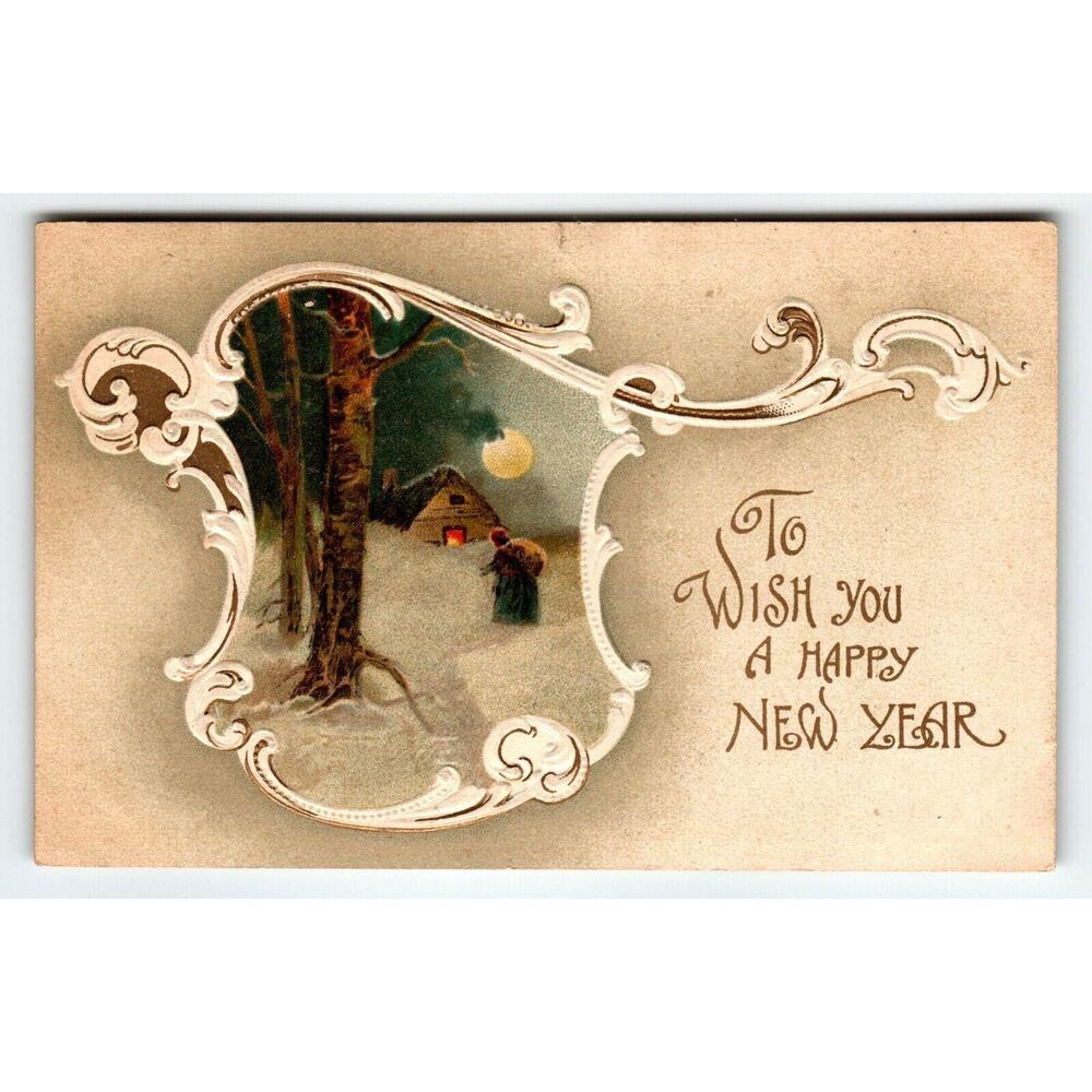 New Years Postcard To Wish You A Happy NY Embossed Scrolls Moon Snow BB London